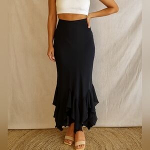Algo Vintage Black Ruffled Lined Maxi Skirt Evening Cocktail Size 6